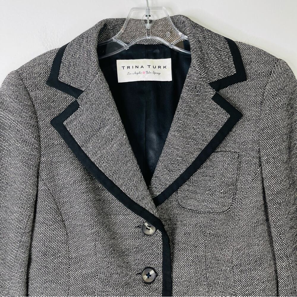 Trina Turk black white silk wool button preppy academia office blazer medium - Picture 2 of 8